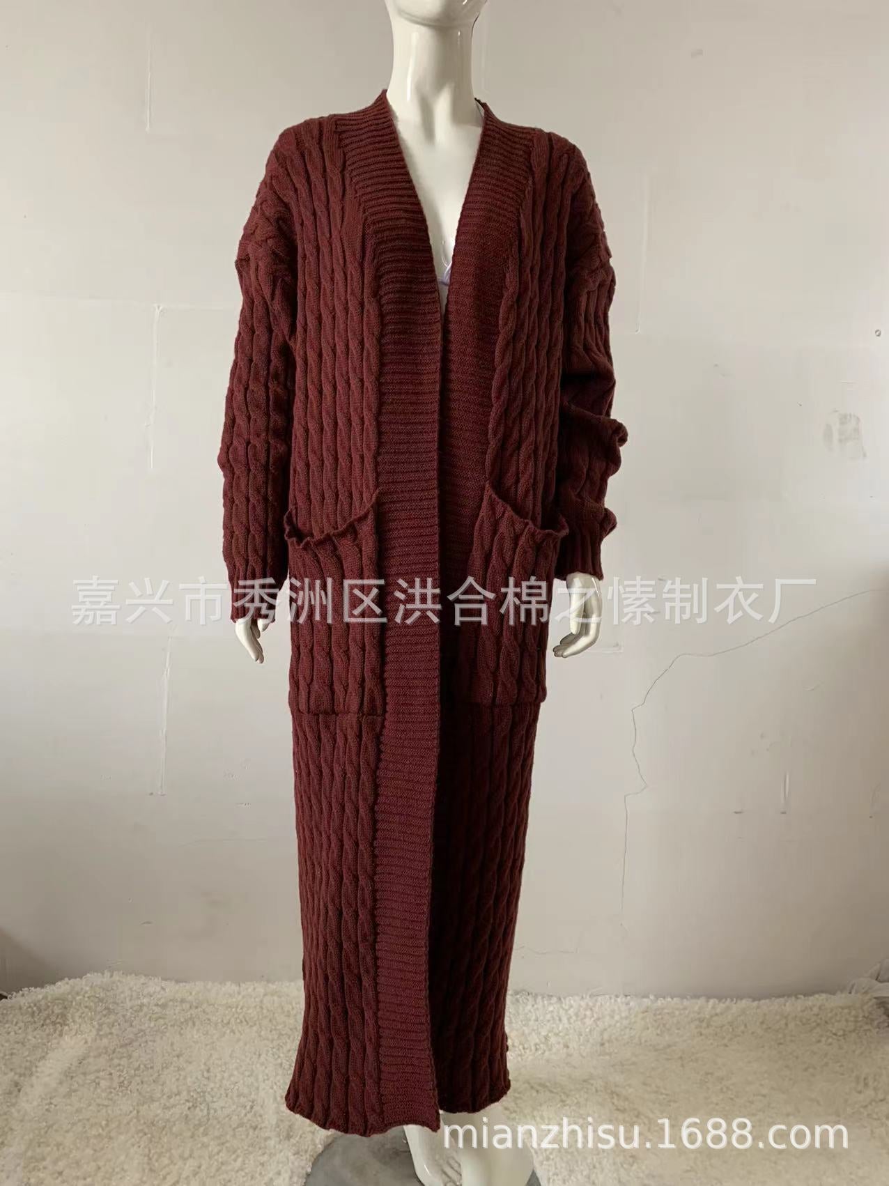Wholesale Long Knitted Sweater Jacket Cardigan Pocket Long Sweater Thickened Jacket